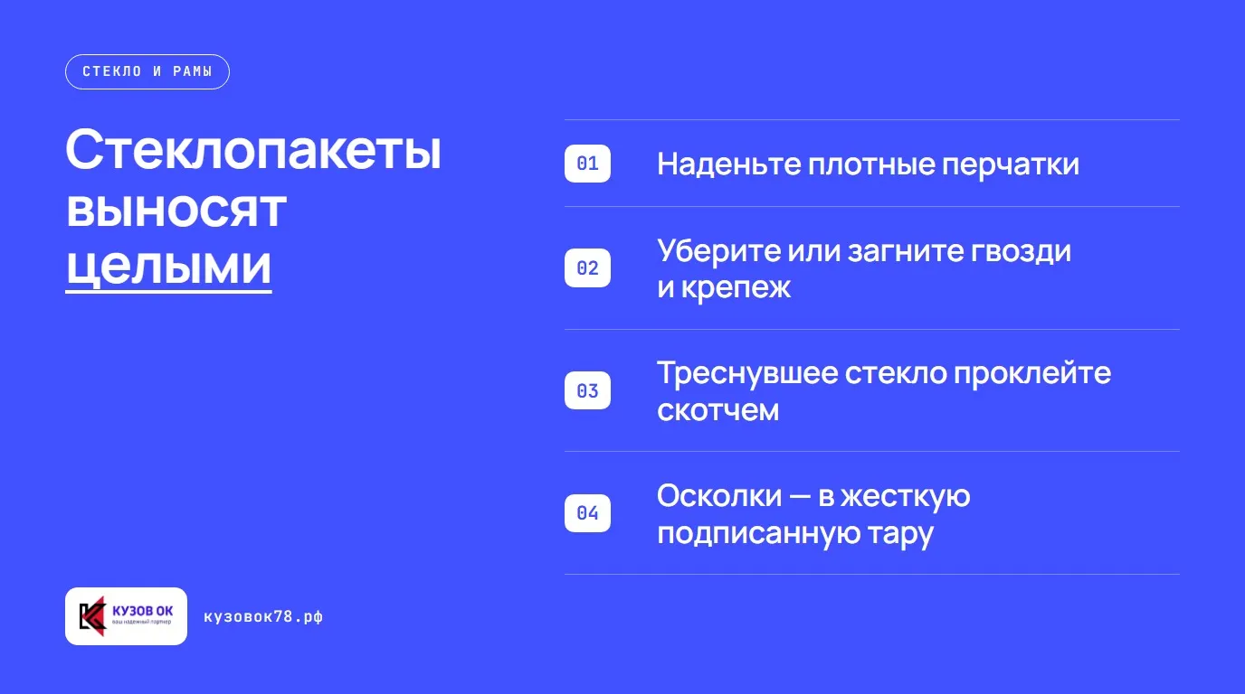 Стеклопакеты выносят целыми. Наденьте плотные перчатки; Уберите или загните гвозди и крепеж; Треснувшее стекло проклейте скотчем; Осколки — в жесткую подписанную тару