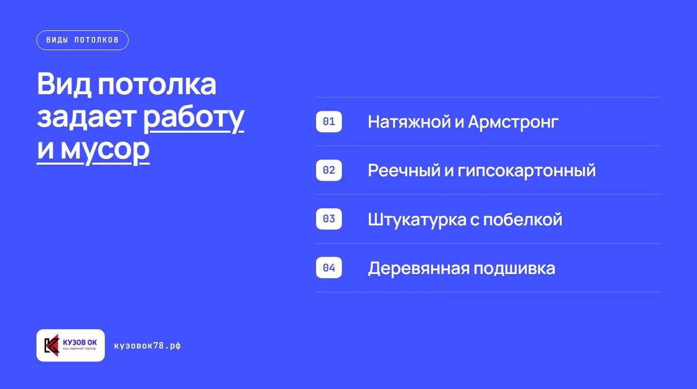 Вид потолка задает работу и мусор. Натяжной и Армстронг; Реечный и гипсокартонный; Штукатурка с побелкой; Деревянная подшивка