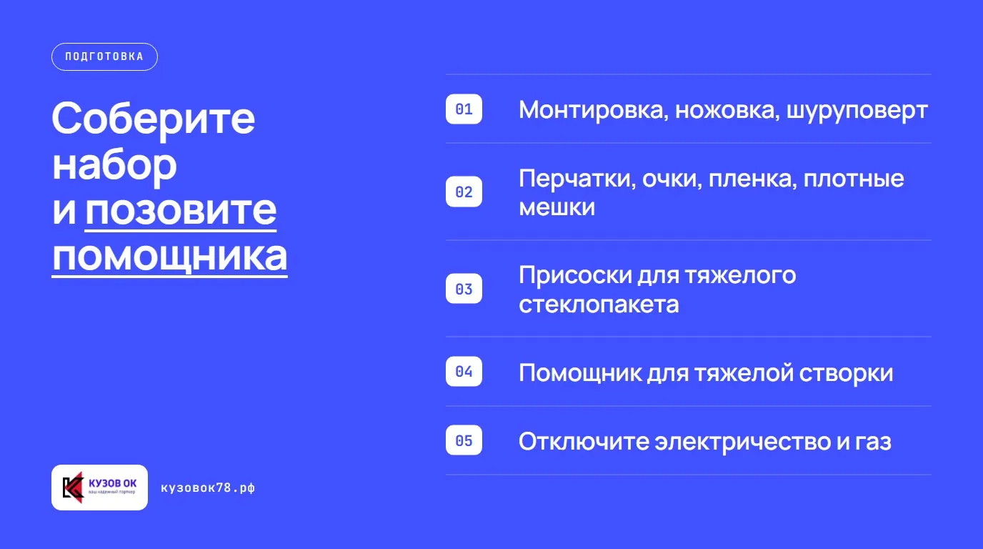 Соберите набор и позовите помощника. Монтировка, ножовка, шуруповерт; Перчатки, очки, пленка, плотные мешки; Присоски для тяжелого стеклопакета; Помощник для тяжелой створки
