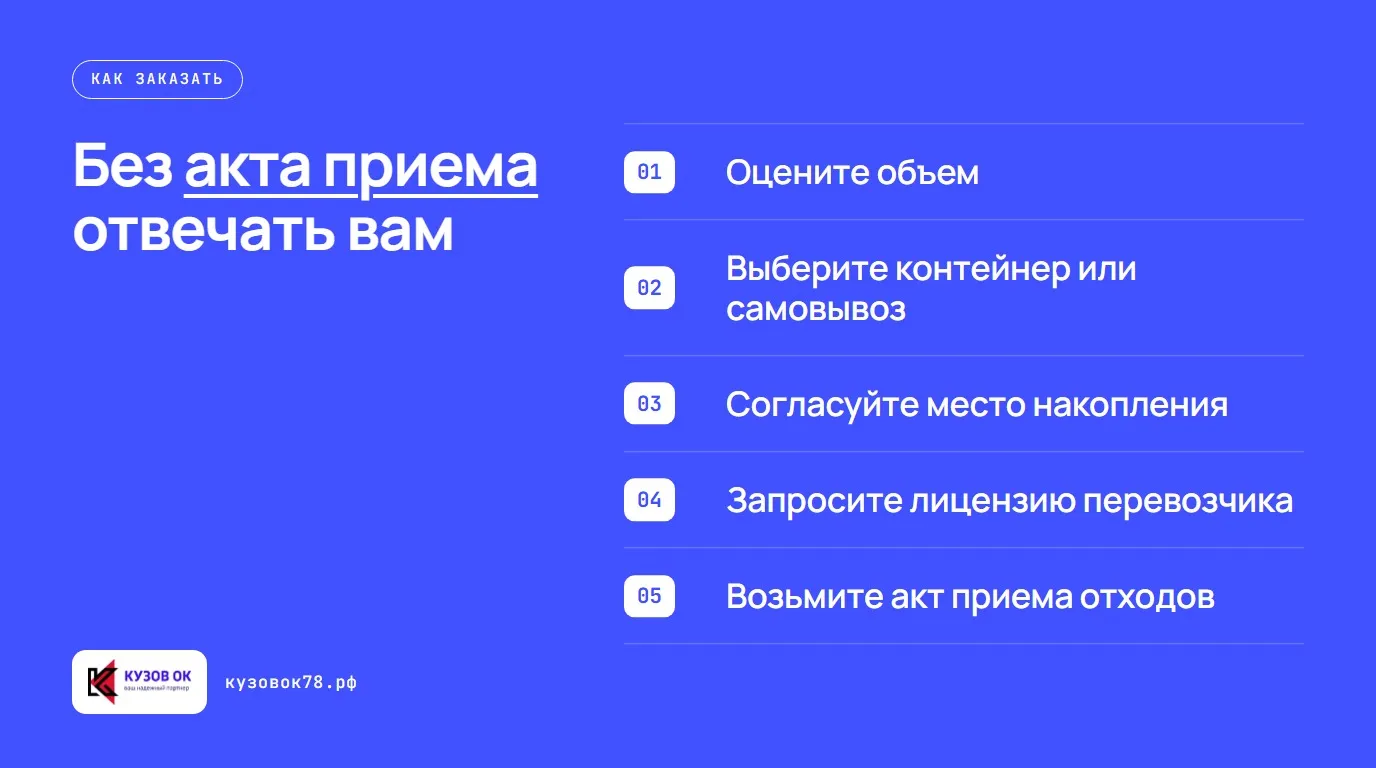 Без документа о вывозе отвечать вам. Оцените объем; Выберите контейнер или самовывоз; Согласуйте место накопления; Запросите лицензию перевозчика; Возьмите акт приема отходов
