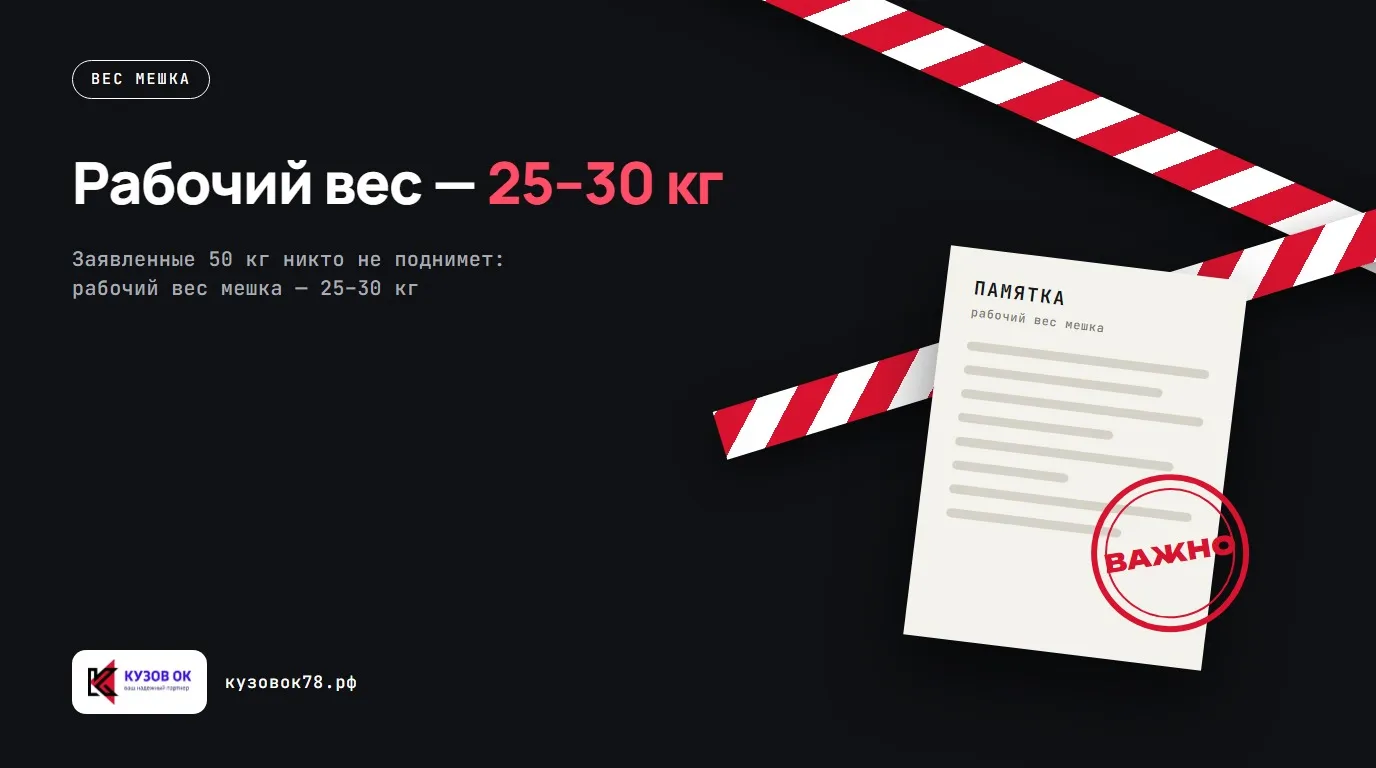 Рабочий вес — 25–30 кг. Заявленные 50 кг никто не поднимет: рабочий вес мешка — 25–30 кг