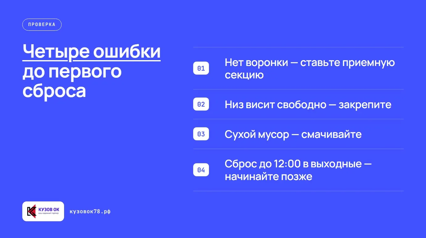 Четыре ошибки до первого сброса. Нет воронки — ставьте приемную секцию; Низ висит свободно — закрепите; Сухой мусор — смачивайте; Сброс до 12:00 в выходные — начинайте позже
