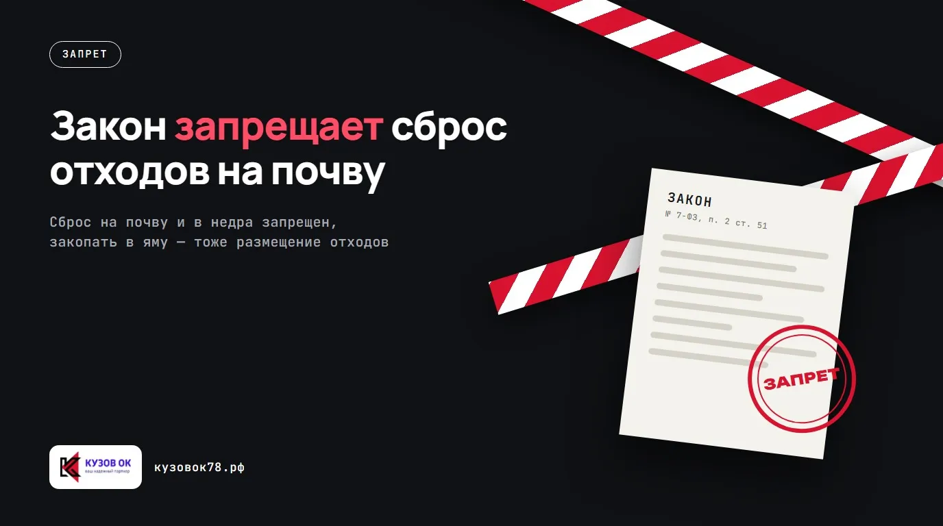 Закон запрещает сброс отходов на почву. Сброс на почву и в недра запрещен, закопать в яму — тоже размещение отходов