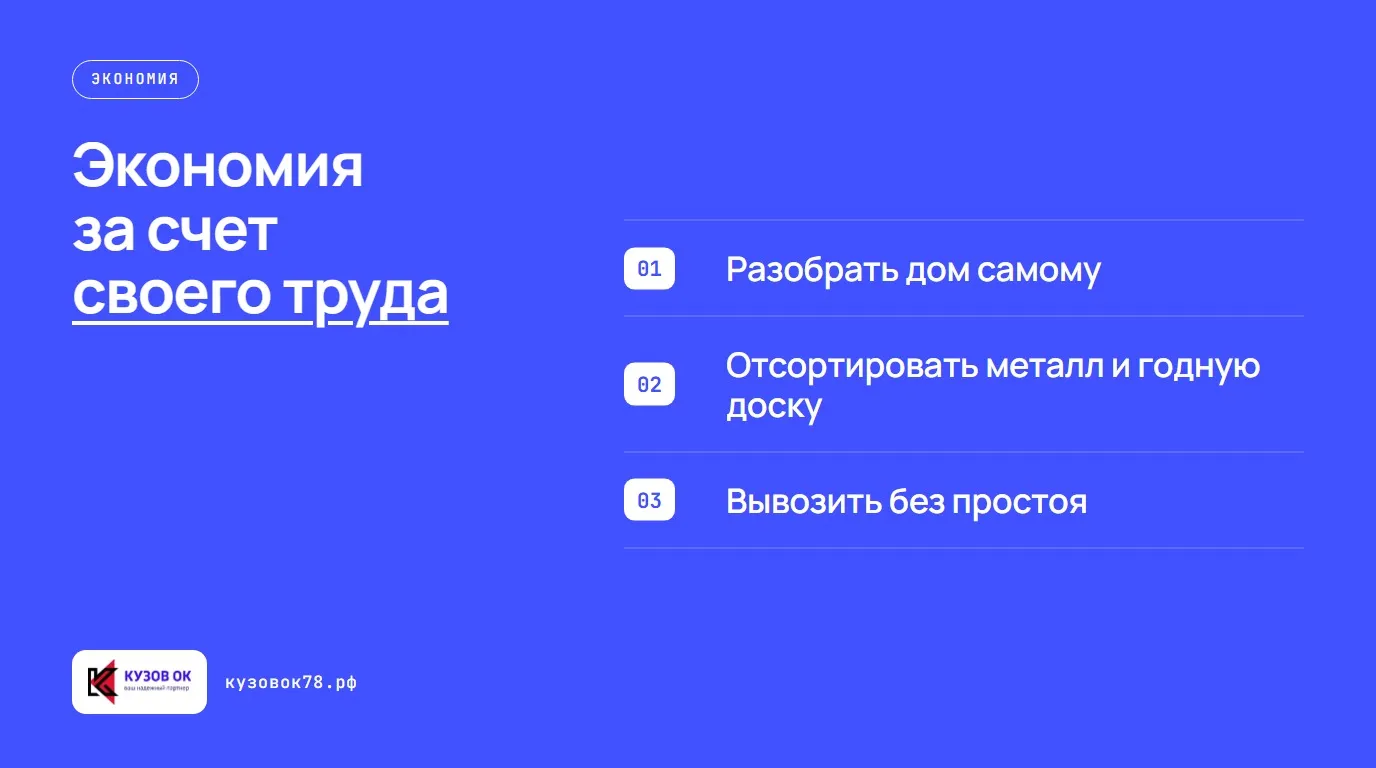 Экономия за счет своего труда. Разобрать дом самому; Отсортировать металл и годную доску; Вывозить без простоя