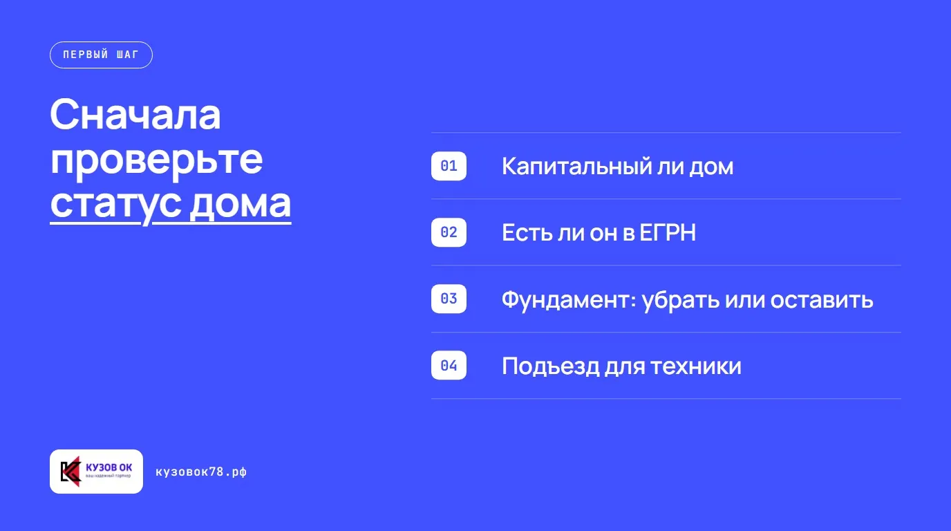 Сначала проверьте статус дома. Капитальный ли дом; Есть ли он в ЕГРН; Фундамент: убрать или оставить; Подъезд для техники