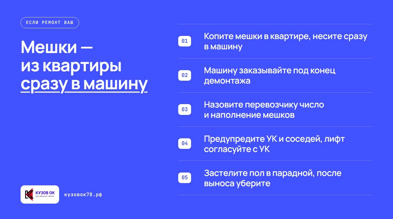 Мешки — из квартиры сразу в машину. Копите мешки в квартире, несите сразу в машину; Машину заказывайте под конец демонтажа; Назовите перевозчику число и наполнение мешков; Предупредите УК и соседей, лифт согласуйте с УК; Застелите пол в парадной, после выноса уберите