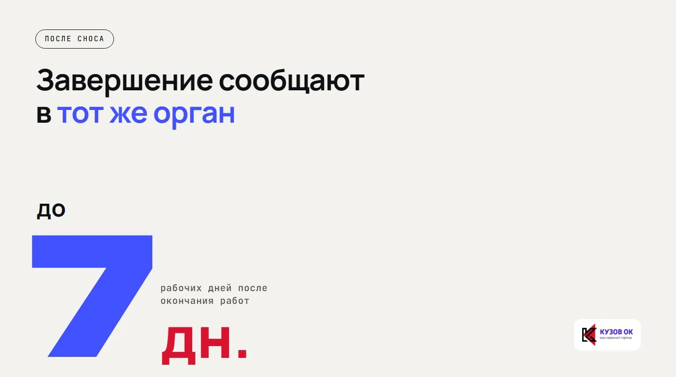 Завершение сообщают в тот же орган. До 7 рабочих дней после окончания работ
