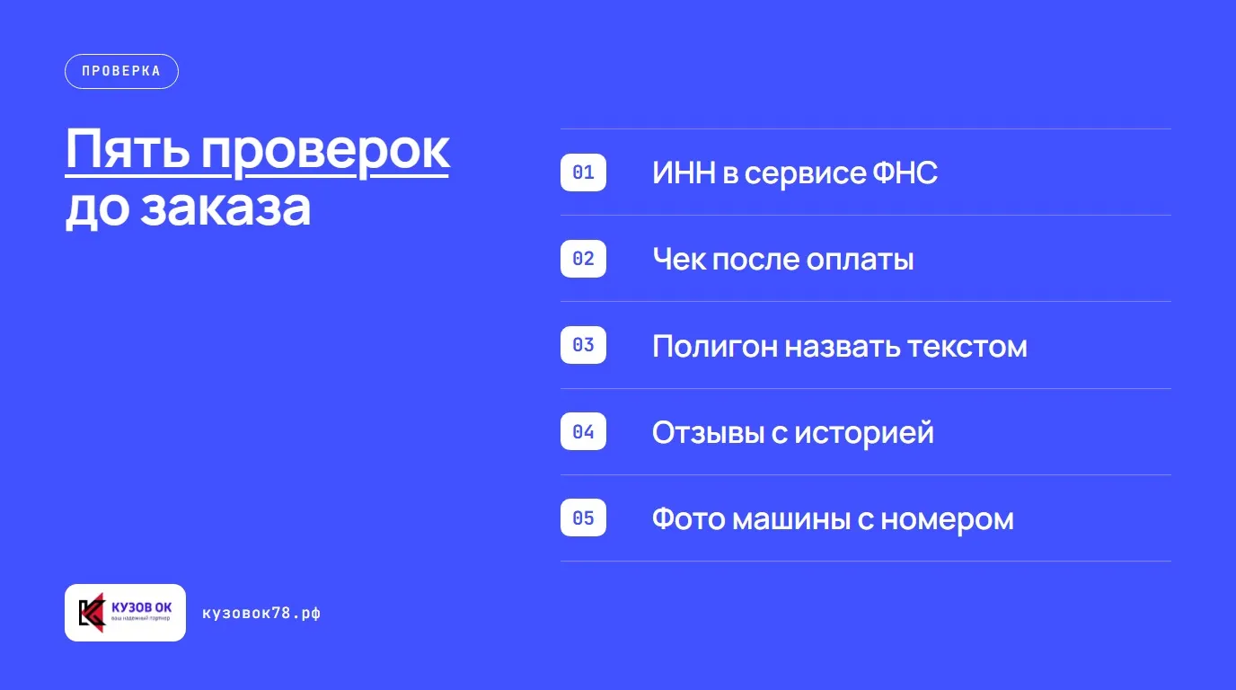 Пять проверок до заказа. ИНН в сервисе ФНС; Чек после оплаты; Полигон назвать текстом; Отзывы с историей; Фото машины с номером