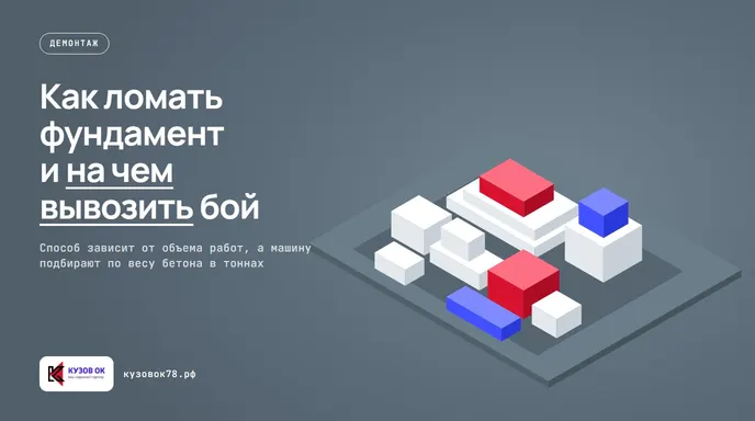Экскаватор с гидромолотом разбивает бетонный фундамент на куски