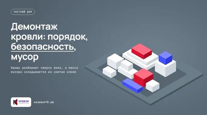 Демонтаж кровли частного дома: рабочие разбирают листы старого покрытия с крыши.