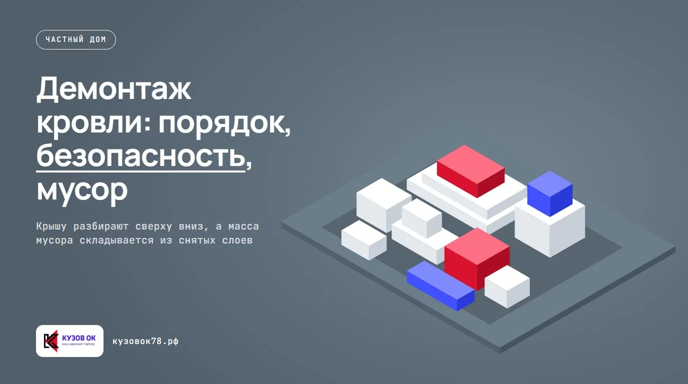 Демонтаж кровли частного дома: рабочие разбирают листы старого покрытия с крыши.