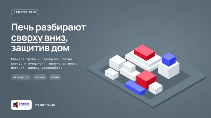 Мастер разбирает кирпичную печь с использованием инструментов.