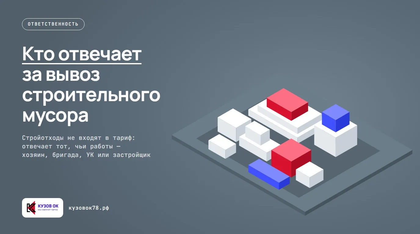Разные типы строительного мусора — битый кирпич, гипсокартон, обои и обломки стройматериалов.