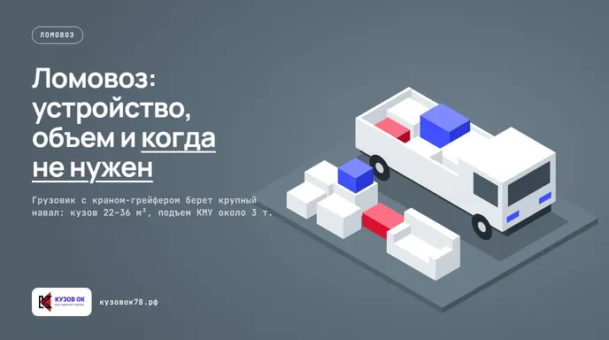 Грузовик ломовоз с краном-манипулятором и грейфером вывозит крупные обломки и лом.